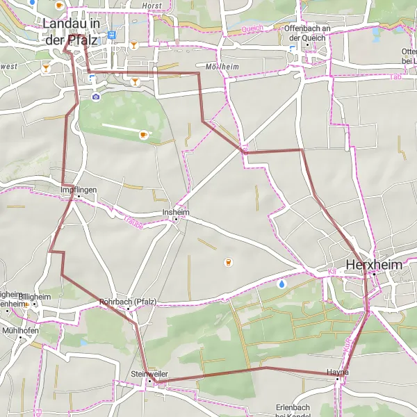 Map miniature of "Hidden Gems Gravel Tour" cycling inspiration in Rheinhessen-Pfalz, Germany. Generated by Tarmacs.app cycling route planner