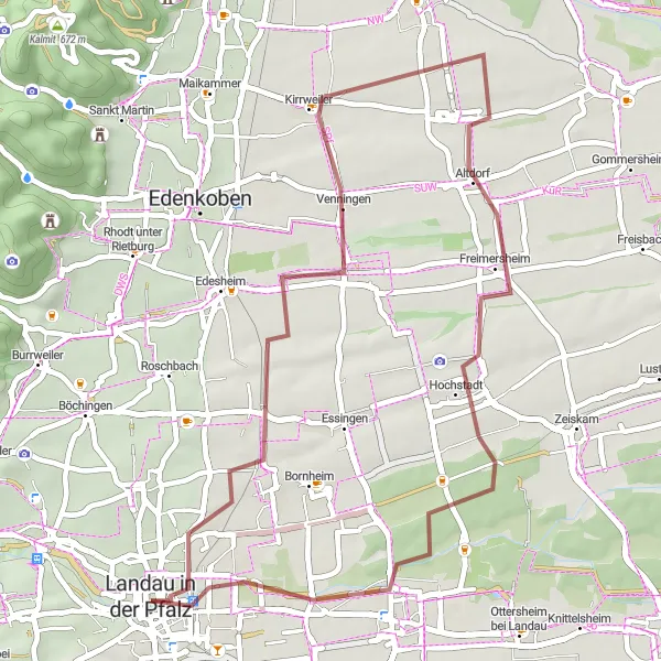 Map miniature of "Queich Valley Gravel Loop" cycling inspiration in Rheinhessen-Pfalz, Germany. Generated by Tarmacs.app cycling route planner