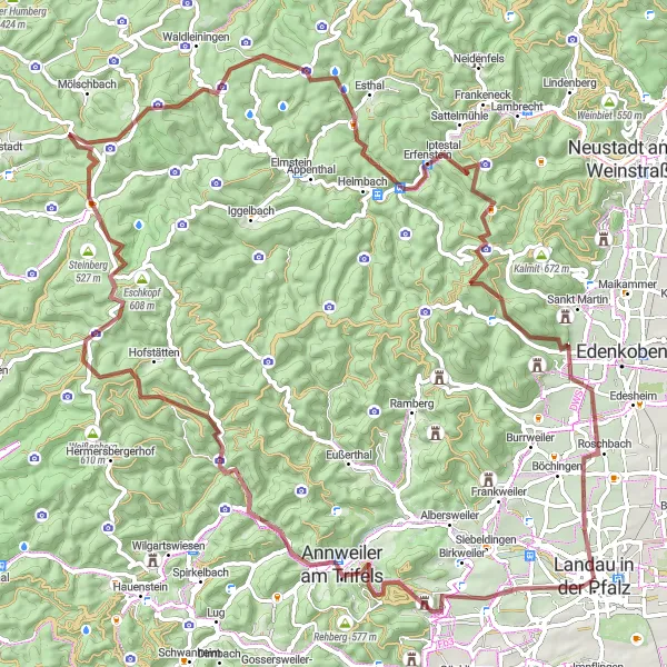 Map miniature of "Gravel Adventures in the Palatinate Forest" cycling inspiration in Rheinhessen-Pfalz, Germany. Generated by Tarmacs.app cycling route planner