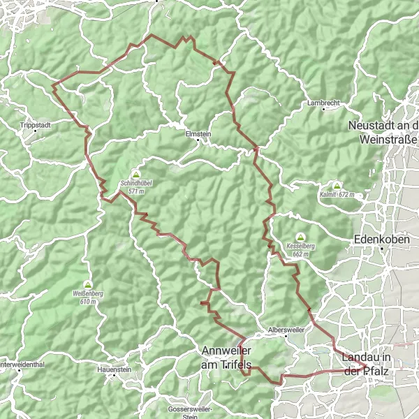 Map miniature of "Discovering Scenic Gravel Routes in the Palatinate" cycling inspiration in Rheinhessen-Pfalz, Germany. Generated by Tarmacs.app cycling route planner