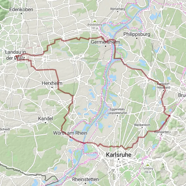 Map miniature of "Landau Explorer - Countryside Gravel Adventure" cycling inspiration in Rheinhessen-Pfalz, Germany. Generated by Tarmacs.app cycling route planner