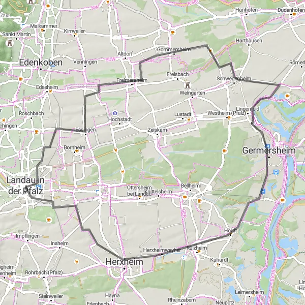 Map miniature of "The Vineland Circuit" cycling inspiration in Rheinhessen-Pfalz, Germany. Generated by Tarmacs.app cycling route planner