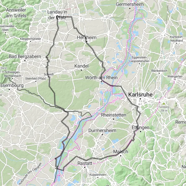 Map miniature of "Landau to Vollmersweiler and Billigheim-Ingenheim" cycling inspiration in Rheinhessen-Pfalz, Germany. Generated by Tarmacs.app cycling route planner