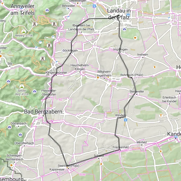 Karten-Miniaturansicht der Radinspiration "Road Tour durch EnergieSüdwest-Aussichtsturm, Impflingen und Landau in der Pfalz" in Rheinhessen-Pfalz, Germany. Erstellt vom Tarmacs.app-Routenplaner für Radtouren