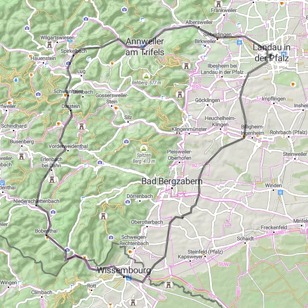 Map miniature of "Pfälzer Berge and Rheinebene Circuit" cycling inspiration in Rheinhessen-Pfalz, Germany. Generated by Tarmacs.app cycling route planner