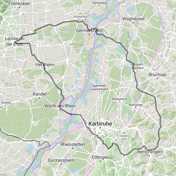 Map miniature of "Landau to Michaelsberg and Stupferich" cycling inspiration in Rheinhessen-Pfalz, Germany. Generated by Tarmacs.app cycling route planner