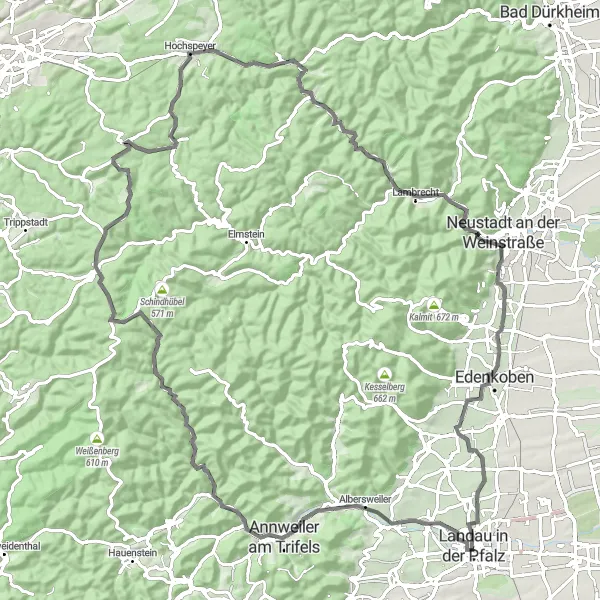 Karten-Miniaturansicht der Radinspiration "Panoramastraßen um Landau in der Pfalz" in Rheinhessen-Pfalz, Germany. Erstellt vom Tarmacs.app-Routenplaner für Radtouren