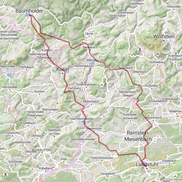 Map miniature of "Gravel Adventure: Landstuhl Exploration" cycling inspiration in Rheinhessen-Pfalz, Germany. Generated by Tarmacs.app cycling route planner