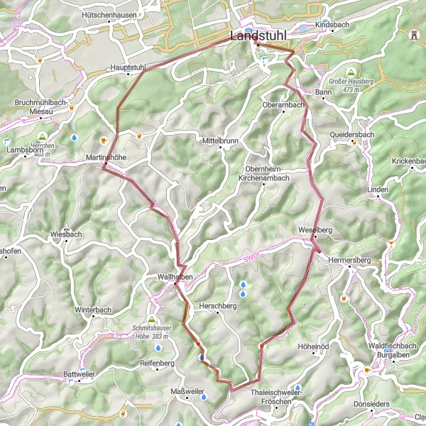 Karten-Miniaturansicht der Radinspiration "Höhenrausch und Natur pur rund um Landstuhl" in Rheinhessen-Pfalz, Germany. Erstellt vom Tarmacs.app-Routenplaner für Radtouren