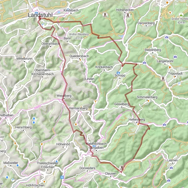 Map miniature of "Gravel Exploration" cycling inspiration in Rheinhessen-Pfalz, Germany. Generated by Tarmacs.app cycling route planner