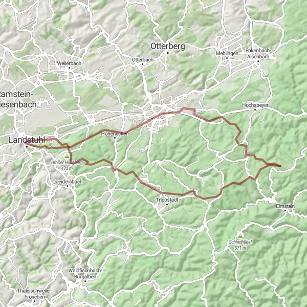 Map miniature of "Kohlkopf and Kindsbach Gravel Adventure" cycling inspiration in Rheinhessen-Pfalz, Germany. Generated by Tarmacs.app cycling route planner