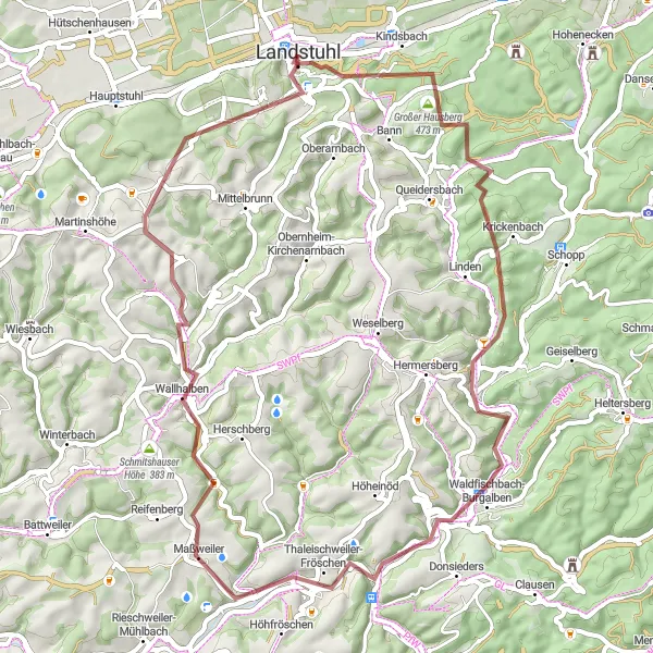 Map miniature of "Glory of Gravel" cycling inspiration in Rheinhessen-Pfalz, Germany. Generated by Tarmacs.app cycling route planner