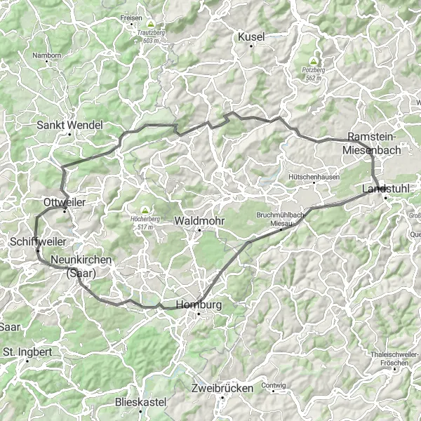 Map miniature of "Hidden Hills: Landstuhl to Ottweiler" cycling inspiration in Rheinhessen-Pfalz, Germany. Generated by Tarmacs.app cycling route planner