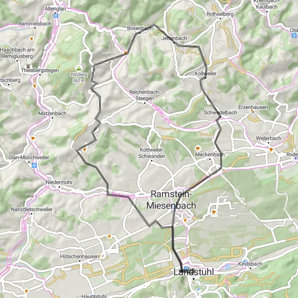 Map miniature of "Landstuhl and Nanstein Castle Loop" cycling inspiration in Rheinhessen-Pfalz, Germany. Generated by Tarmacs.app cycling route planner
