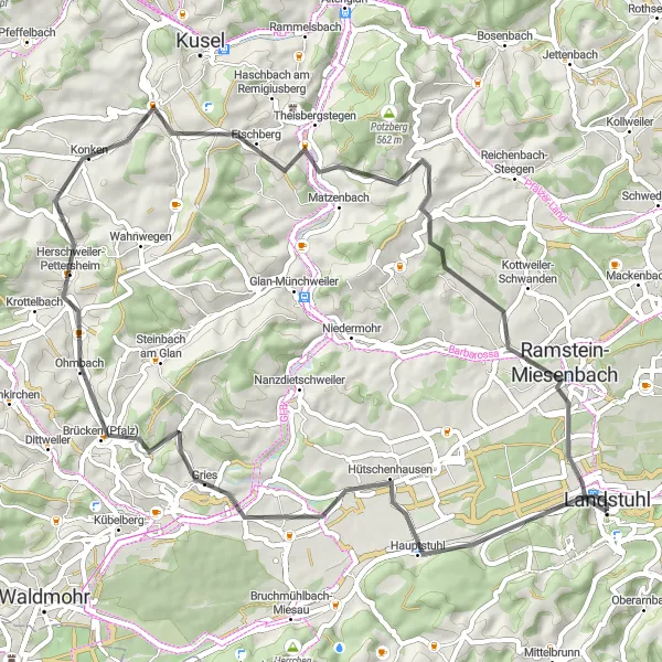 Map miniature of "Roads Untrodden" cycling inspiration in Rheinhessen-Pfalz, Germany. Generated by Tarmacs.app cycling route planner