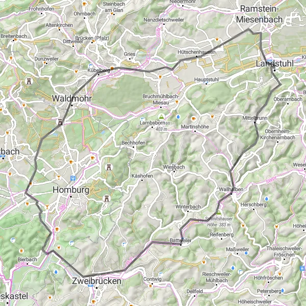 Map miniature of "Wallhalben and Kirchberg Loop" cycling inspiration in Rheinhessen-Pfalz, Germany. Generated by Tarmacs.app cycling route planner