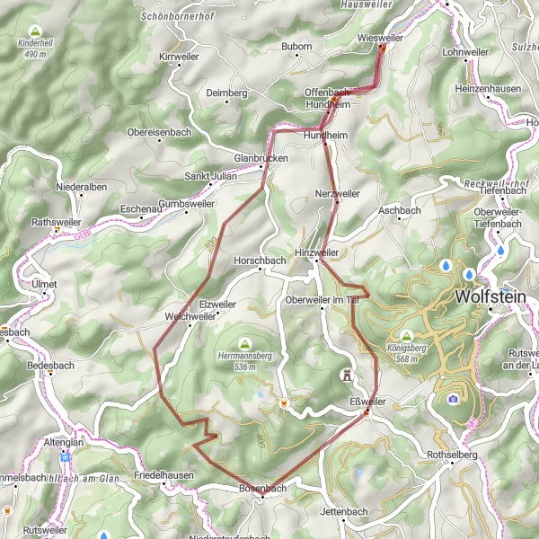 Map miniature of "Eßweiler Discovery Gravel Route" cycling inspiration in Rheinhessen-Pfalz, Germany. Generated by Tarmacs.app cycling route planner