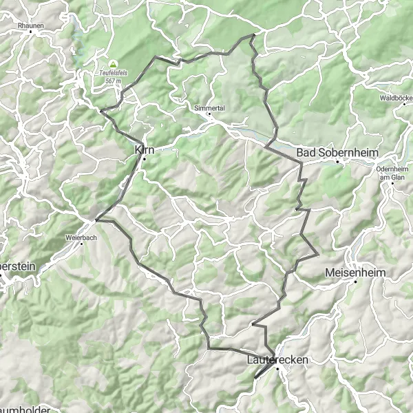 Map miniature of "The Hills of Lauterecken" cycling inspiration in Rheinhessen-Pfalz, Germany. Generated by Tarmacs.app cycling route planner