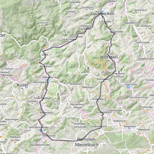 Map miniature of "Rolling Hills Exploration" cycling inspiration in Rheinhessen-Pfalz, Germany. Generated by Tarmacs.app cycling route planner