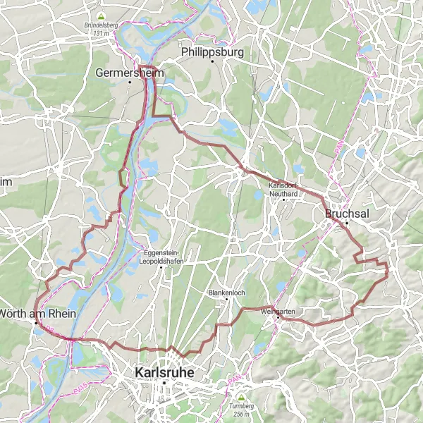 Map miniature of "Gravel Adventure through Rheinhessen-Pfalz" cycling inspiration in Rheinhessen-Pfalz, Germany. Generated by Tarmacs.app cycling route planner