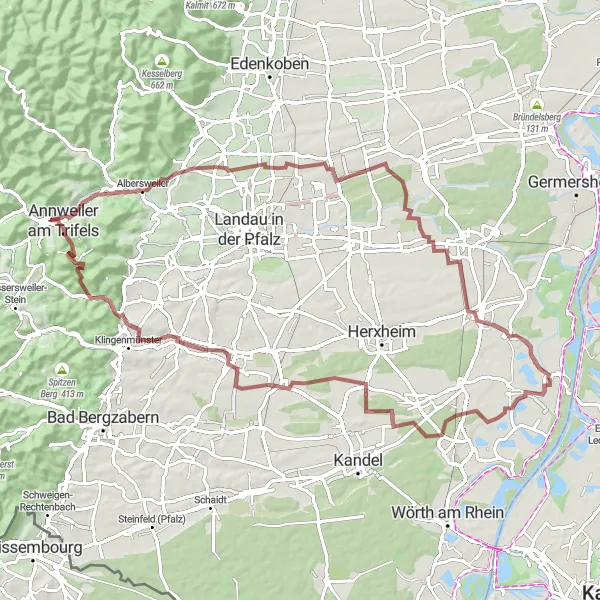 Map miniature of "Exploring the Gravel Trails of Rheinhessen-Pfalz" cycling inspiration in Rheinhessen-Pfalz, Germany. Generated by Tarmacs.app cycling route planner