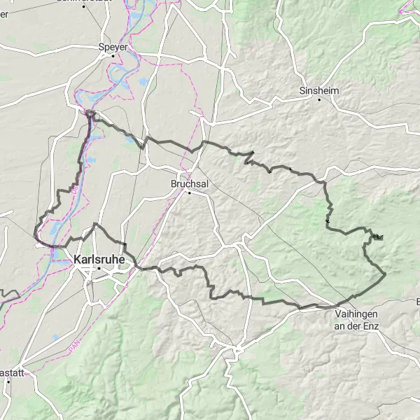 Map miniature of "Adventurous Road Cycling Odyssey" cycling inspiration in Rheinhessen-Pfalz, Germany. Generated by Tarmacs.app cycling route planner