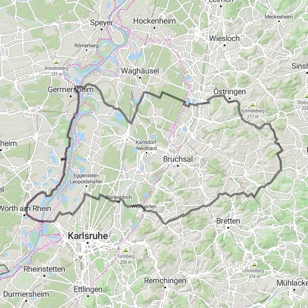 Map miniature of "Rhine Valley Loop" cycling inspiration in Rheinhessen-Pfalz, Germany. Generated by Tarmacs.app cycling route planner