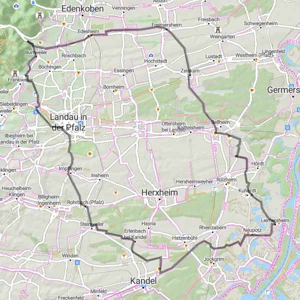 Map miniature of "Rhineland Villages Road Loop" cycling inspiration in Rheinhessen-Pfalz, Germany. Generated by Tarmacs.app cycling route planner