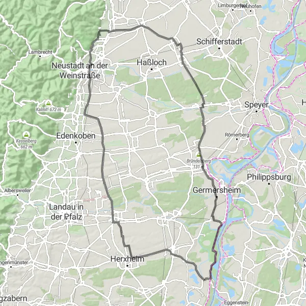 Map miniature of "Vineyards & Castles Road Route" cycling inspiration in Rheinhessen-Pfalz, Germany. Generated by Tarmacs.app cycling route planner