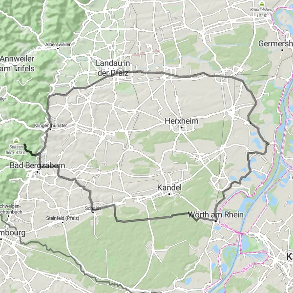 Map miniature of "The Vineyards and Forests of Rheinhessen-Pfalz" cycling inspiration in Rheinhessen-Pfalz, Germany. Generated by Tarmacs.app cycling route planner