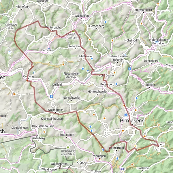 Map miniature of "Western Palatinate Gravel Loop" cycling inspiration in Rheinhessen-Pfalz, Germany. Generated by Tarmacs.app cycling route planner