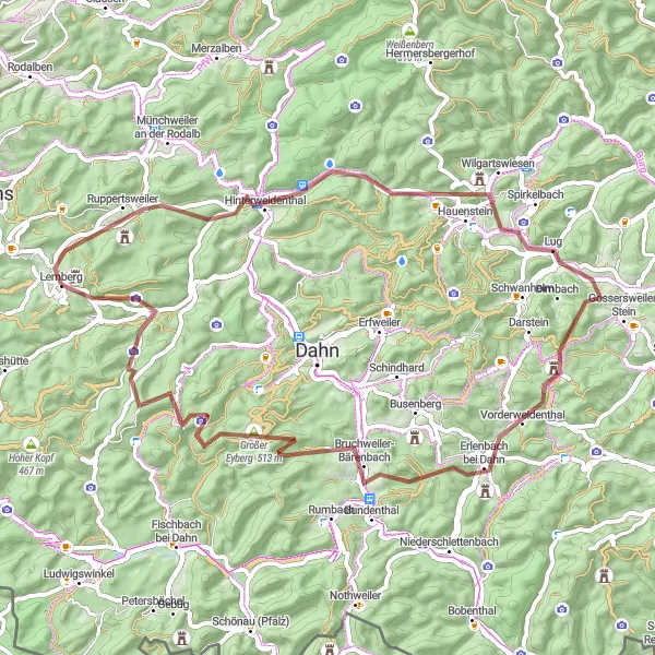 Karten-Miniaturansicht der Radinspiration "Gravel-Abenteuer durch Rheinhessen-Pfalz" in Rheinhessen-Pfalz, Germany. Erstellt vom Tarmacs.app-Routenplaner für Radtouren