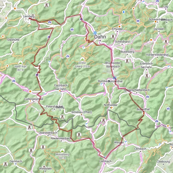 Map miniature of "Secret Trails of Dahn" cycling inspiration in Rheinhessen-Pfalz, Germany. Generated by Tarmacs.app cycling route planner