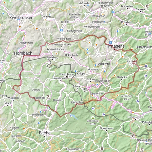 Map miniature of "Vosges Mountains Gravel Adventure" cycling inspiration in Rheinhessen-Pfalz, Germany. Generated by Tarmacs.app cycling route planner