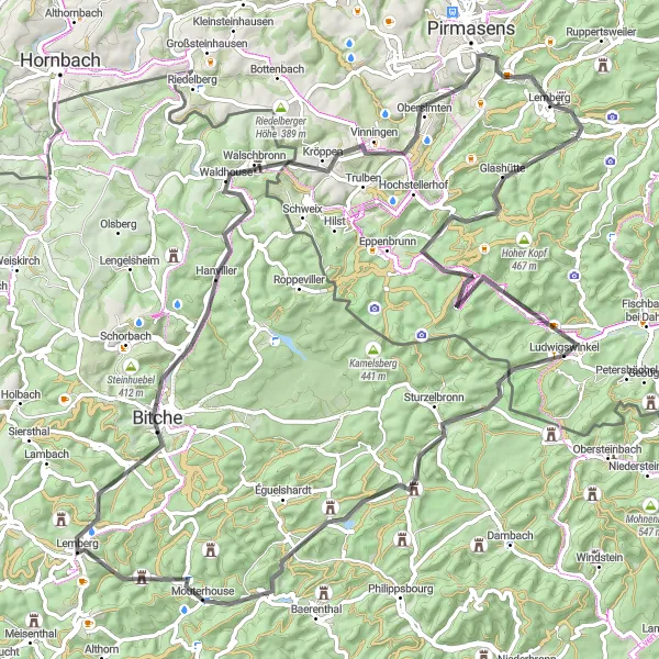 Map miniature of "Rheinhessen-Pfalz Round-Trip" cycling inspiration in Rheinhessen-Pfalz, Germany. Generated by Tarmacs.app cycling route planner