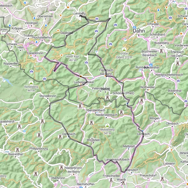 Karten-Miniaturansicht der Radinspiration "Rundtour über 90 km" in Rheinhessen-Pfalz, Germany. Erstellt vom Tarmacs.app-Routenplaner für Radtouren