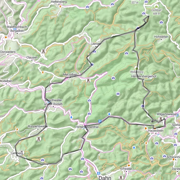 Karten-Miniaturansicht der Radinspiration "Münchweiler an der Rodalb und Burg Lemberg Route" in Rheinhessen-Pfalz, Germany. Erstellt vom Tarmacs.app-Routenplaner für Radtouren