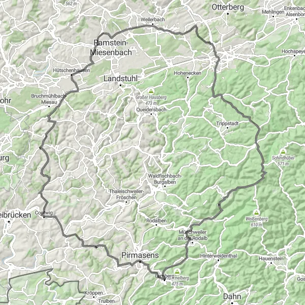 Karten-Miniaturansicht der Radinspiration "Hügeliges Abenteuer von Lemberg nach Pirmasens" in Rheinhessen-Pfalz, Germany. Erstellt vom Tarmacs.app-Routenplaner für Radtouren