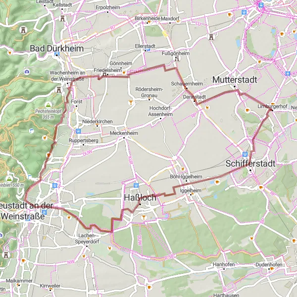 Map miniature of "Wine and History in Rheinhessen-Pfalz" cycling inspiration in Rheinhessen-Pfalz, Germany. Generated by Tarmacs.app cycling route planner