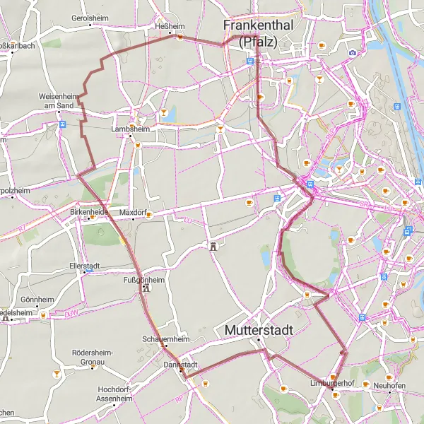 Map miniature of "Historical Gravel Getaway" cycling inspiration in Rheinhessen-Pfalz, Germany. Generated by Tarmacs.app cycling route planner