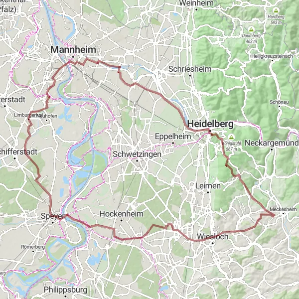 Karten-Miniaturansicht der Radinspiration "Gravel-Rundweg von Limburgerhof nach Wiesloch" in Rheinhessen-Pfalz, Germany. Erstellt vom Tarmacs.app-Routenplaner für Radtouren