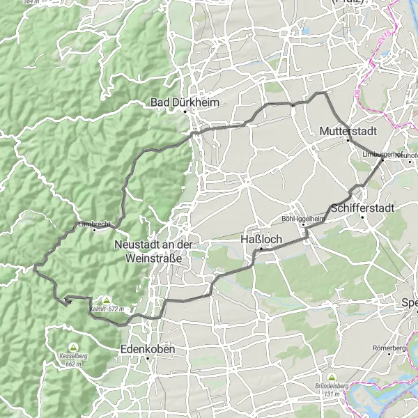 Karten-Miniaturansicht der Radinspiration "Pfalzrundtour" in Rheinhessen-Pfalz, Germany. Erstellt vom Tarmacs.app-Routenplaner für Radtouren