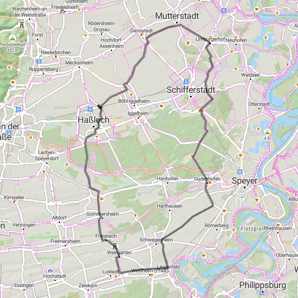 Map miniature of "Rhineland History and Vineyards" cycling inspiration in Rheinhessen-Pfalz, Germany. Generated by Tarmacs.app cycling route planner