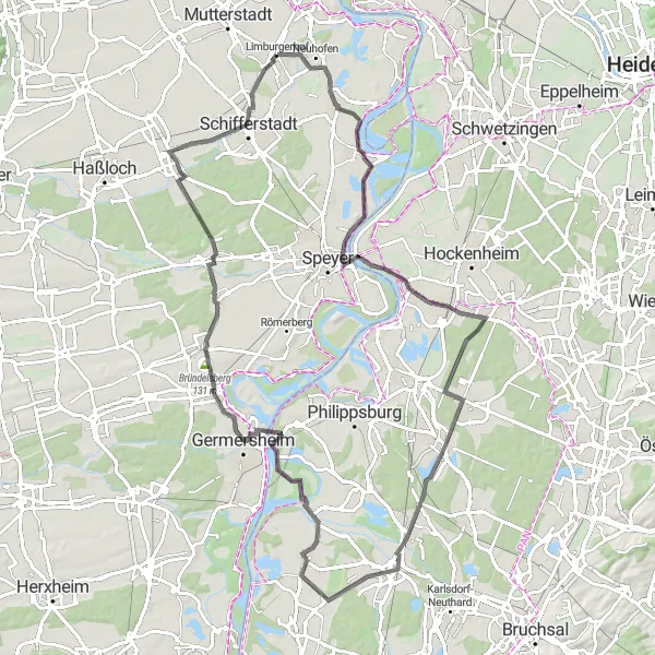 Map miniature of "Lakes and Nature Trek in Rheinhessen-Pfalz" cycling inspiration in Rheinhessen-Pfalz, Germany. Generated by Tarmacs.app cycling route planner