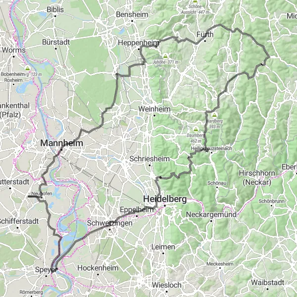 Map miniature of "The Ultimate Road Challenge" cycling inspiration in Rheinhessen-Pfalz, Germany. Generated by Tarmacs.app cycling route planner