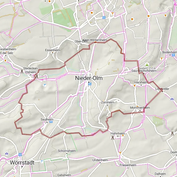 Map miniature of "Lörzweiler Gravel Loop" cycling inspiration in Rheinhessen-Pfalz, Germany. Generated by Tarmacs.app cycling route planner