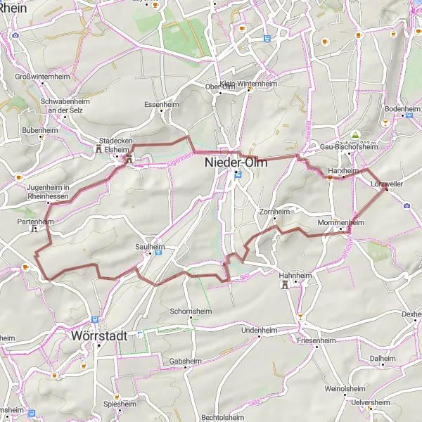 Map miniature of "Lörzweiler-Harxheim-Schlossbergturm-Hohberg-Lörzweiler" cycling inspiration in Rheinhessen-Pfalz, Germany. Generated by Tarmacs.app cycling route planner