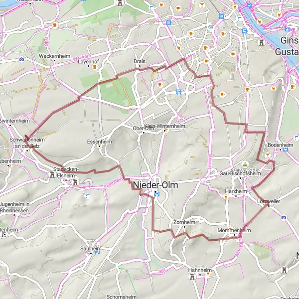 Map miniature of "Lörzweiler-Drais-Glockenberghütte-Lörzweiler" cycling inspiration in Rheinhessen-Pfalz, Germany. Generated by Tarmacs.app cycling route planner