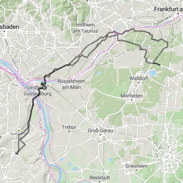 Map miniature of "Lörzweiler-Visitors' Terrace-Kelsterbach-Weilbach-Lörzweiler" cycling inspiration in Rheinhessen-Pfalz, Germany. Generated by Tarmacs.app cycling route planner