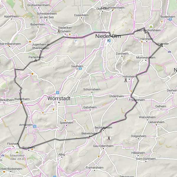 Map miniature of "Lörzweiler-Ebersheim-Vendersheimer Weinbergsturm-Selzen-Lörzweiler" cycling inspiration in Rheinhessen-Pfalz, Germany. Generated by Tarmacs.app cycling route planner